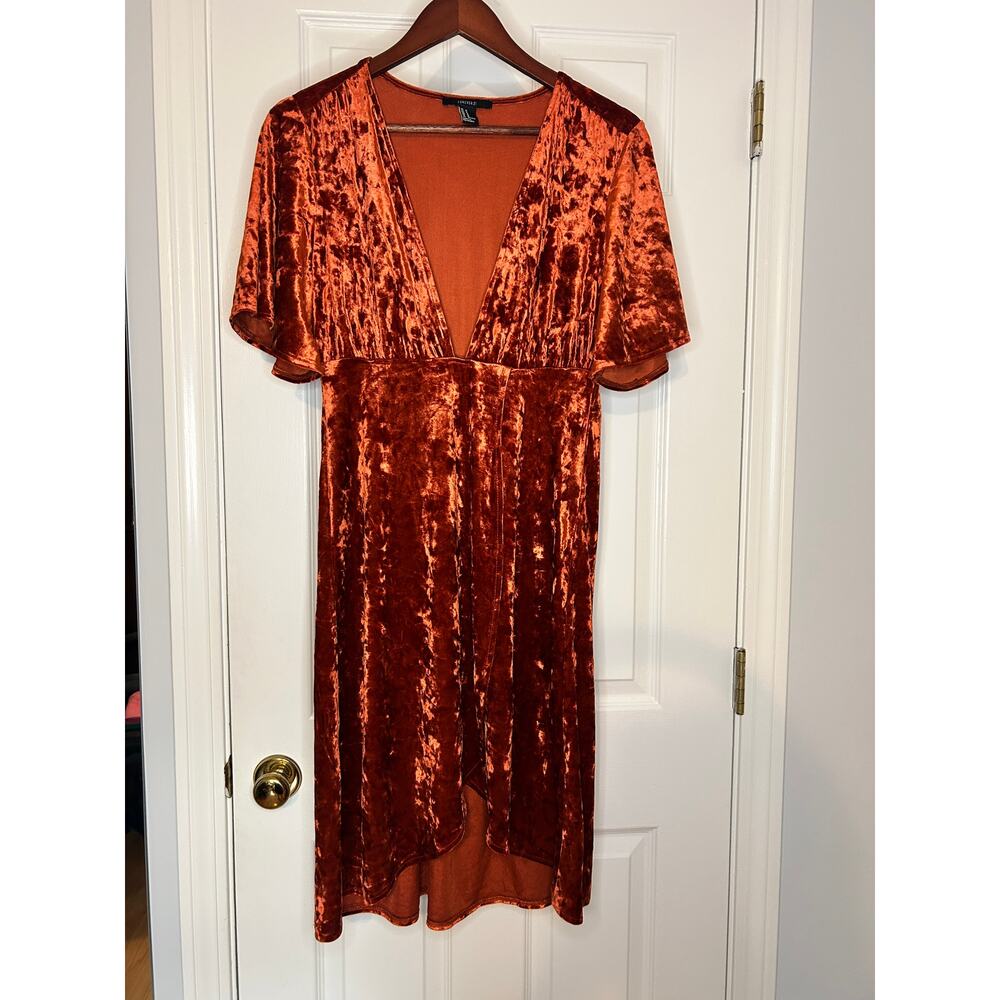 Forever 21 Dress Womens Medium Rust Orange Crushed Velvet Midi Plunge V Neck